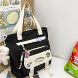 Darrahopens Home & Garden > Travel > Backpacks Women's Kawaii Black Shoulder Bag with Cute Bear Plush Charm and 4 Badges Large Capacity Nylon Tote School Handbag