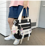 Darrahopens Home & Garden > Travel > Backpacks Women's Kawaii Blue Shoulder Bag with Cute Bear Plush Charm and 4 Badges Large Capacity Nylon Tote School Handbag