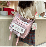 Darrahopens Home & Garden > Travel > Backpacks Women's Kawaii Blue Shoulder Bag with Cute Bear Plush Charm and 4 Badges Large Capacity Nylon Tote School Handbag