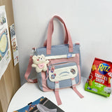 Darrahopens Home & Garden > Travel > Backpacks Women's Kawaii Blue Shoulder Bag with Cute Bear Plush Charm and 4 Badges Large Capacity Nylon Tote School Handbag