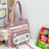 Darrahopens Home & Garden > Travel > Backpacks Women's Kawaii Pink Shoulder Bag with Cute Bear Plush Charm and 4 Badges Large Capacity Nylon Tote School Handbag