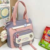 Darrahopens Home & Garden > Travel > Backpacks Women's Kawaii Purple Shoulder Bag with Cute Bear Plush Charm and 4 Badges Large Capacity Nylon Tote School Handbag