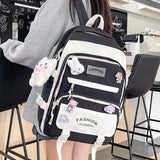 Darrahopens Home & Garden > Travel > Backpacks Women's Large Aesthetic School Backpack Black Nylon Daypack with Cute Bear Plushie & Pins For High School and University