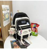 Darrahopens Home & Garden > Travel > Backpacks Women's Large Aesthetic School Backpack Black Nylon Daypack with Cute Bear Plushie & Pins For High School and University