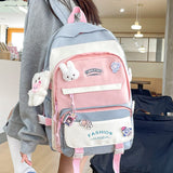 Darrahopens Home & Garden > Travel > Backpacks Women's Large Aesthetic School Backpack Blue Nylon Daypack with Cute Bear Plushie & Pins For High School and University