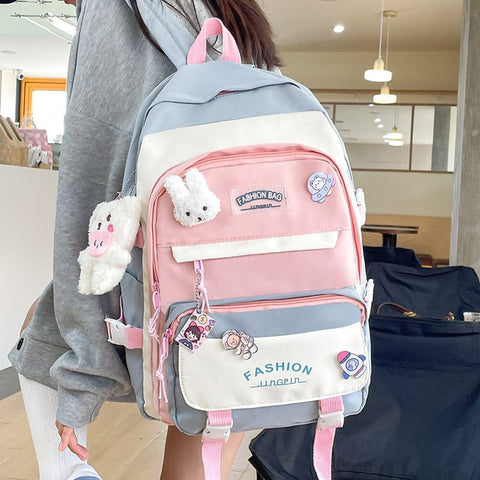 Darrahopens Home & Garden > Travel > Backpacks Women's Large Aesthetic School Backpack Blue Nylon Daypack with Cute Bear Plushie & Pins For High School and University