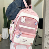 Darrahopens Home & Garden > Travel > Backpacks Women's Large Aesthetic School Backpack Pink Nylon Daypack with Cute Bear Plushie & Pins For High School and University