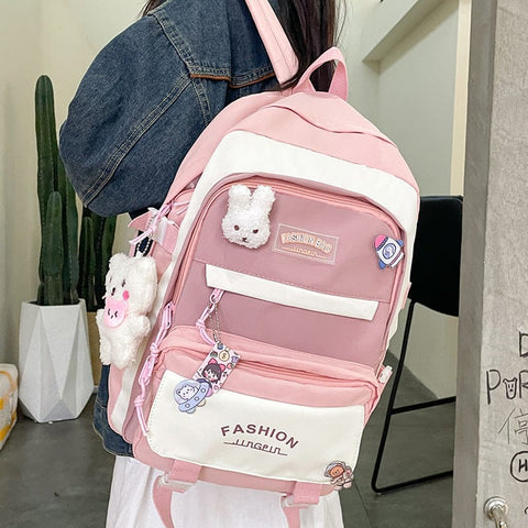 Darrahopens Home & Garden > Travel > Backpacks Women's Large Aesthetic School Backpack Pink Nylon Daypack with Cute Bear Plushie & Pins For High School and University