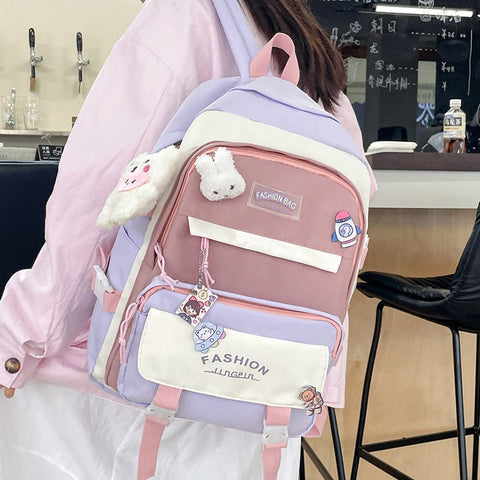 Darrahopens Home & Garden > Travel > Backpacks Women's Large Aesthetic School Backpack Purple Nylon Daypack with Cute Bear Plushie & Pins For High School and University