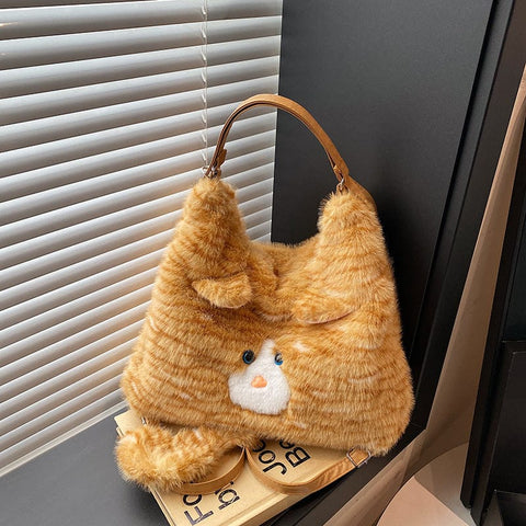 Darrahopens Home & Garden > Travel > Backpacks Yellow Adorable Fluffy Cat Shoulder Bag - Cute Plush Kitten Novelty Handbag for Girls & Women