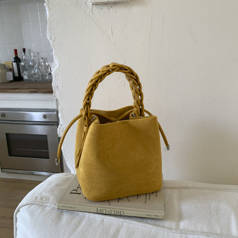 Darrahopens Home & Garden > Travel > Backpacks Yellow Retro Maillard Brown Mini Bag - 2025 New Casual Versatile Women's Crossbody & Exquisite Braided Handle Bucket Bag (15x12x14 cm)