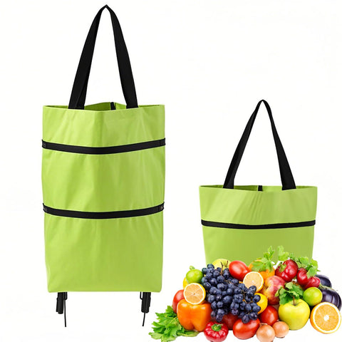 Darrahopens Home & Garden > Travel > Duffel Bags 2-in-1 Collapsible Shopping Trolley with Wheels – Foldable Grocery Cart, Reusable Waterproof Oxford Bag for Supermarket, Picnic & Travel (Green)