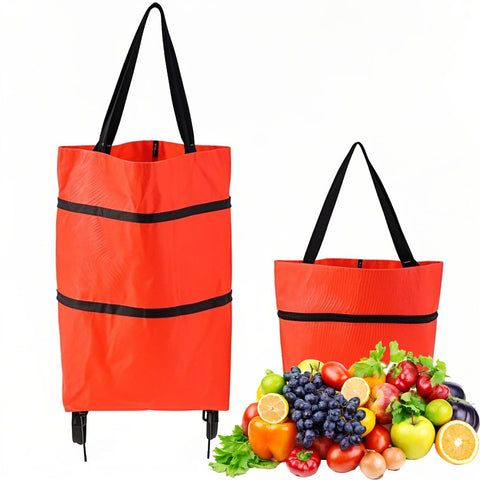 Darrahopens Home & Garden > Travel > Duffel Bags 2-in-1 Collapsible Shopping Trolley with Wheels – Foldable Grocery Cart, Reusable Waterproof Oxford Bag for Supermarket, Picnic & Travel (Red)