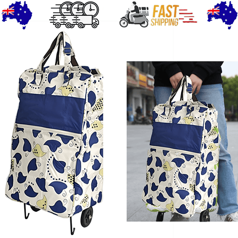 Darrahopens Home & Garden > Travel > Duffel Bags Shopping Trolley Cart Bag Foldable Wheels Carts Bags Market Luggage Basket blue leaves