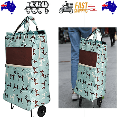 Darrahopens Home & Garden > Travel > Duffel Bags Shopping Trolley Cart Bag Foldable Wheels Carts Bags Market Luggage Basket sky blue cat