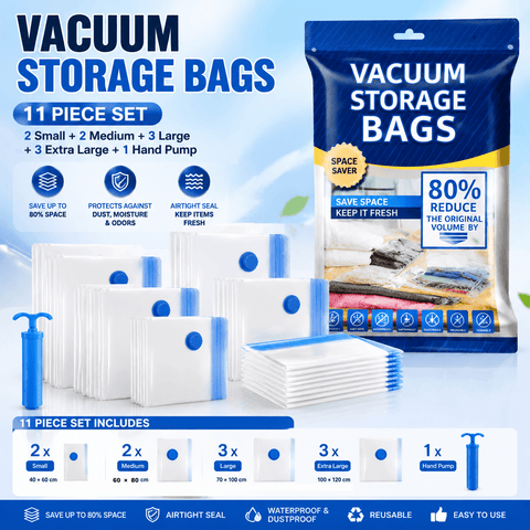 Darrahopens Home & Garden > Travel > Packing Organisers 11-piece Vacuum Storage Bags Set(2 small, 2 medium, 3 large, 3 extra large, 1 hand pump)- Heavy Duty Space Saving Compression Bags for Clothes Quilts Bedding Moisture Proof Wardrobe Organisation Travel Storage Reusable Durable Seal
