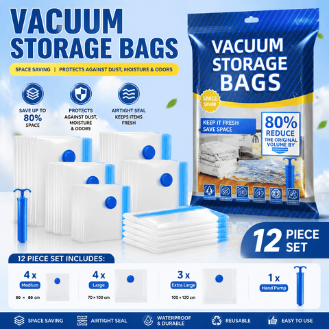 Darrahopens Home & Garden > Travel > Packing Organisers 12-piece Vacuum Storage Bags Set(4 medium, 4 large, 3 extra large, 1 hand pump)- Heavy Duty Space Saving Compression Bags for Clothes Quilts Bedding Moisture Proof Wardrobe Organisation Travel Storage Reusable Durable Seal