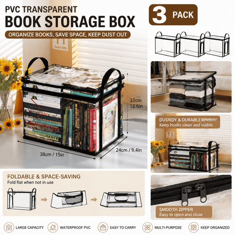 Darrahopens Home & Garden > Travel > Packing Organisers 3 Pcs Large Clear PVC Book Storage Box – Foldable, Dustproof & Transparent Organizer with Handles for Home, Classroom & Office (38×24×32cm)