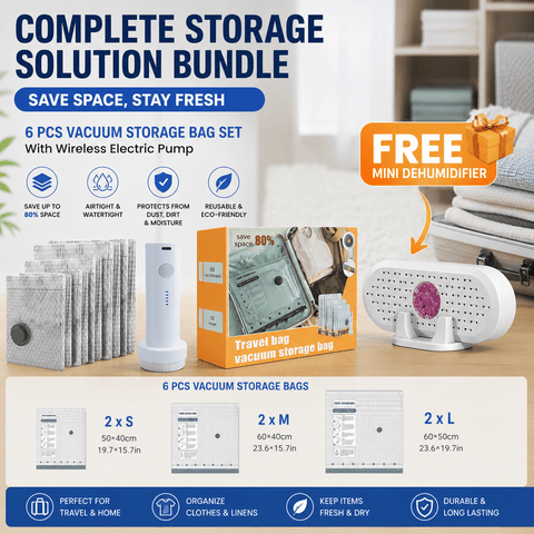 Darrahopens Home & Garden > Travel > Packing Organisers 6 Pack Vacuum Storage Bags and  Wireless Electric Pump and Renewable Mini Dehumidifier Bundle, Travel Compression Storage Set for Clothes, Blankets and Bedding