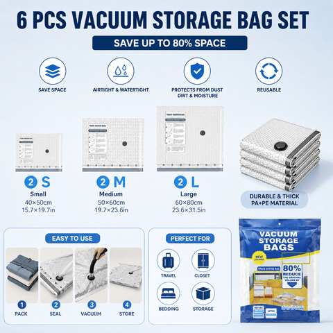 Darrahopens Home & Garden > Travel > Packing Organisers 6-piece Travel Vacuum Storage Bags Set for Clothes and Bedding, Space Saving Compression Bags for Suitcases, Wardrobes and Seasonal Storage, Reusable PA+PE Vacuum Seal Bags