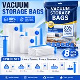 Darrahopens Home & Garden > Travel > Packing Organisers 8-piece Vacuum Storage Bags Set(2 small, 2 medium, 2 large, 1 extra large, 1 hand pump)- Heavy Duty Space Saving Compression Bags for Clothes Quilts Bedding Moisture Proof Wardrobe Organisation Travel Storage Reusable Durable Seal