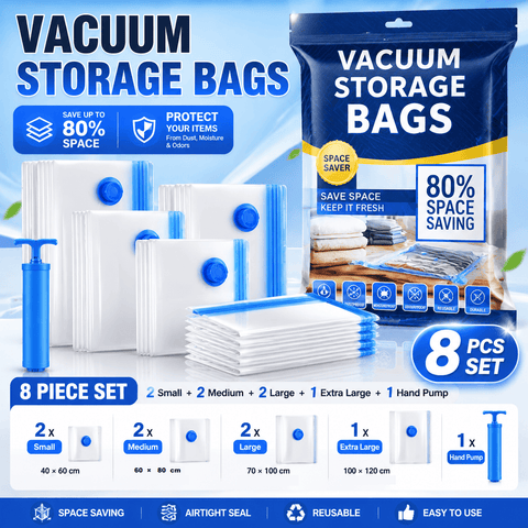 Darrahopens Home & Garden > Travel > Packing Organisers 8-piece Vacuum Storage Bags Set(2 small, 2 medium, 2 large, 1 extra large, 1 hand pump)- Heavy Duty Space Saving Compression Bags for Clothes Quilts Bedding Moisture Proof Wardrobe Organisation Travel Storage Reusable Durable Seal