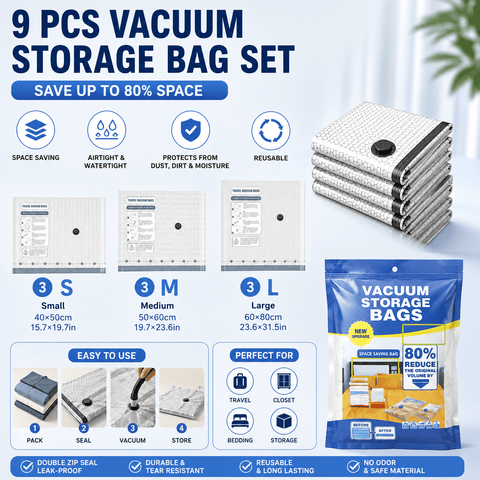 Darrahopens Home & Garden > Travel > Packing Organisers 9-piece Travel Vacuum Storage Bags Set for Clothes and Bedding, Space Saving Compression Bags for Suitcases, Wardrobes and Seasonal Storage, Reusable PA+PE Vacuum Seal Bags