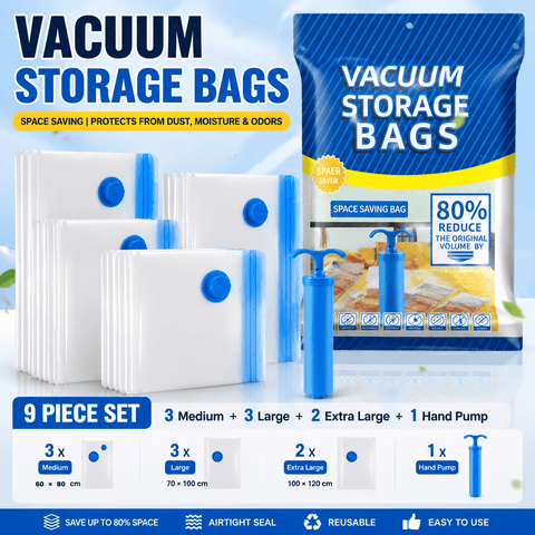 Darrahopens Home & Garden > Travel > Packing Organisers 9-piece Vacuum Storage Bags Set(3 medium, 3 large, 2 extra large, 1 hand pump)- Heavy Duty Space Saving Compression Bags for Clothes Quilts Bedding Moisture Proof Wardrobe Organisation Travel Storage Reusable Durable Seal