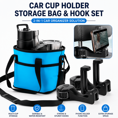 Darrahopens Home & Garden > Travel > Packing Organisers Black and Blue Foldable 4-Zone Car Insulated Drink Carrier Bag Bonus 2 Pack Mutifunctional Headrest Hook Phone Holders, No-Spill Car Cup Holder Organizer and Back Seat Mobile Phone Mount Travel Set for Most Water Bottles