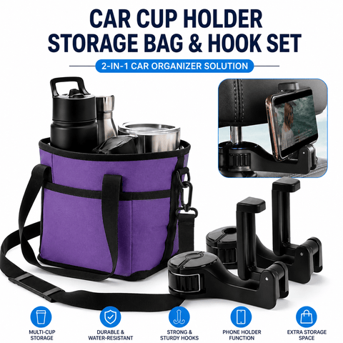 Darrahopens Home & Garden > Travel > Packing Organisers Black and Purple Foldable 4-Zone Car Insulated Drink Carrier Bag Bonus 2 Pack Mutifunctional Headrest Hook Phone Holders, No-Spill Car Cup Holder Organizer and Back Seat Mobile Phone Mount Travel Set for Most Water Bottles