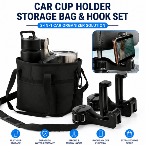 Darrahopens Home & Garden > Travel > Packing Organisers Black Foldable 4-Zone Car Insulated Drink Carrier Bag Bonus 2 Pack Mutifunctional Headrest Hook Phone Holders, No-Spill Car Cup Holder Organizer and Back Seat Mobile Phone Mount Travel Set for Most Water Bottles