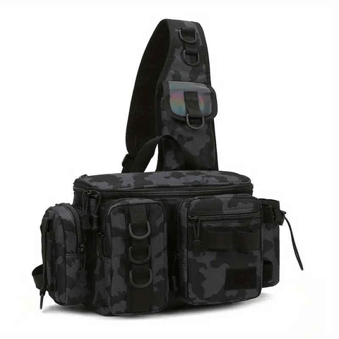 Darrahopens Home & Garden > Travel > Packing Organisers Camouflage Fishing Waist Bag – Large Capacity Multi-layer Partition, Side Pockets & Winding Strap for Full Loading, Breathable Shoulder Strap for Long-lasting Comfort(Black camouflage)