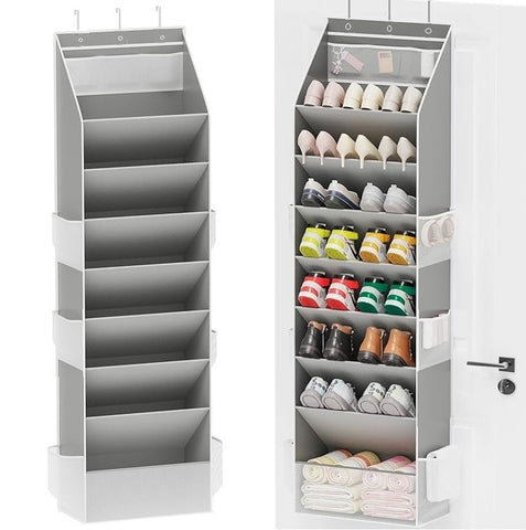 Darrahopens Home & Garden > Travel > Packing Organisers Grey 8-Tier Over-the-Door Shoe Organizer with 7 Slanted & 1 Flat & 6 Side Pockets - Multi-Functional Wall Mount  for Shoes, Bags and Towels