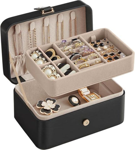 Darrahopens Home & Garden > Travel > Packing Organisers Travel Jewelry Case - 2 Layers with Velvet & Detachable Compartments - For Necklaces, Earrings & Bracelets - Black