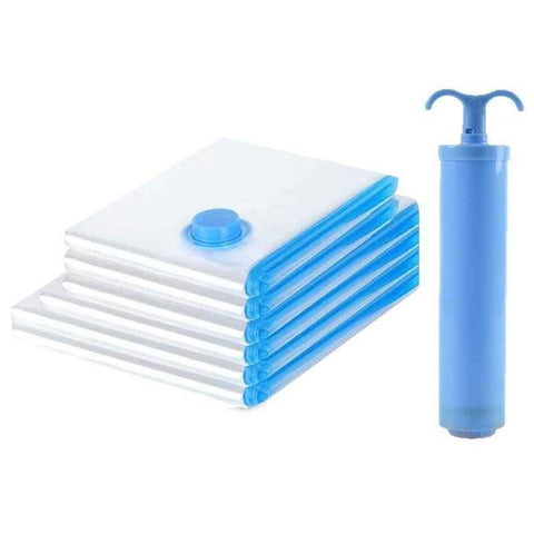 Vacuum Compression Storage Bags 7 Piece Set (6 Bags + Hand Pump) for Clothes Quilts Travel