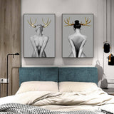 Darrahopens Home & Garden > Wall Art Wall Art 80cmx120cm Girl With Gold Horn 2 Sets Black Frame Canvas
