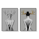 Darrahopens Home & Garden > Wall Art Wall Art 90cmx135cm Girl With Gold Horn 2 Sets Black Frame Canvas