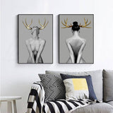 Darrahopens Home & Garden > Wall Art Wall Art 90cmx135cm Girl With Gold Horn 2 Sets Black Frame Canvas