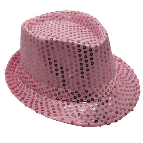 Darrahopens Men's Fashion > Hats & Caps Adults Kids Unisex Sequin Fedora Hat Dance Cap Solid Jazz Party Glitter Costume, Pink