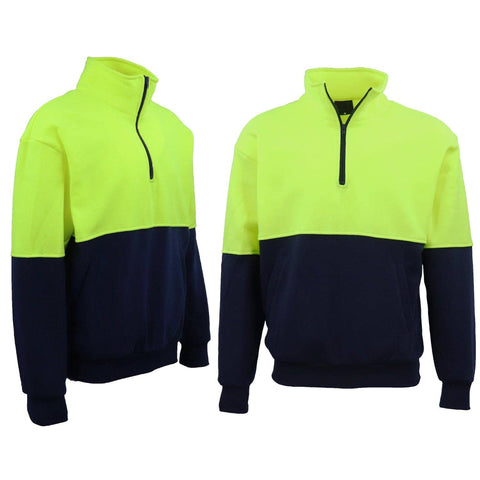 Darrahopens Men's Fashion > Knitwear & Sweaters Hi Vis Safety Fleecy Half Zip Pullover Jumper Jacket Sweater Shirts Workwear, Fluro Yellow / Navy, 2XL