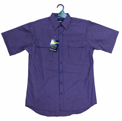 Darrahopens Men's Fashion > Shirts Bisley Mens Short Sleeve Check Shirt Checkered Cotton Blend Casual Business Work - Navy - S