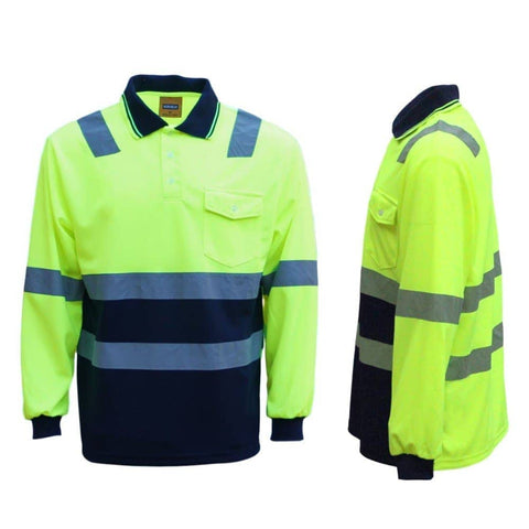 Darrahopens Men's Fashion > Shirts HI VIS Long Sleeve Workwear Shirt w Reflective Tape Cool Dry Safety Polo 2 Tone, Fluoro Yellow /Navy, S