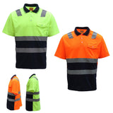 Darrahopens Men's Fashion > Shirts HI VIS Short Sleeve Workwear Shirt w Reflective Tape Cool Dry Safety Polo 2 Tone, Fluoro Orange / Navy, 2XL