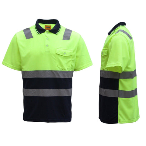 Darrahopens Men's Fashion > Shirts HI VIS Short Sleeve Workwear Shirt w Reflective Tape Cool Dry Safety Polo 2 Tone, Fluoro Yellow / Navy, 4XL