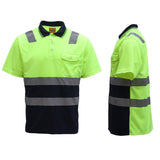 Darrahopens Men's Fashion > Shirts HI VIS Short Sleeve Workwear Shirt w Reflective Tape Cool Dry Safety Polo 2 Tone, Fluoro Yellow / Navy, XS