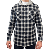 Darrahopens Men's Fashion > Shirts Mens Cotton Flannelette Shirt w Jersey Hood Long Sleeve Flannel - Black - S