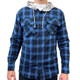 Darrahopens Men's Fashion > Shirts Mens Cotton Flannelette Shirt w Jersey Hood Long Sleeve Flannel - Blue - 2XL