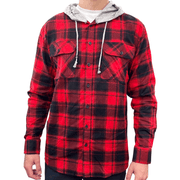 Darrahopens Men's Fashion > Shirts Mens Cotton Flannelette Shirt w Jersey Hood Long Sleeve Flannel - Red - 2XL