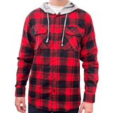 Darrahopens Men's Fashion > Shirts Mens Cotton Flannelette Shirt w Jersey Hood Long Sleeve Flannel - Red - 3XL
