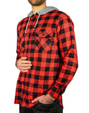 Darrahopens Men's Fashion > Shirts Mens Cotton Flannelette Shirt w Jersey Hood Long Sleeve Flannel - Red/Black - 3XL